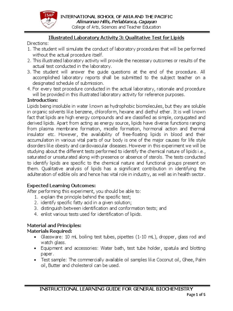 Illustrated Laboratory Activity 3 Qualitative Test For Lipids PDF
