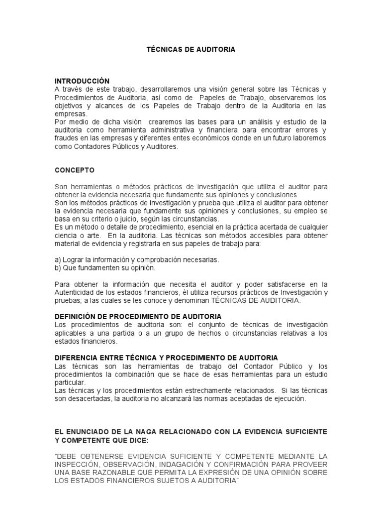 Tecnicas de Auditoria - Clase 3 | PDF | Contralor | Evidencia