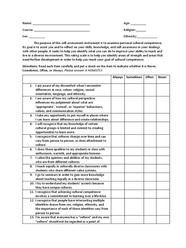 Cultural Competence Self-Assessment Tool | PDF