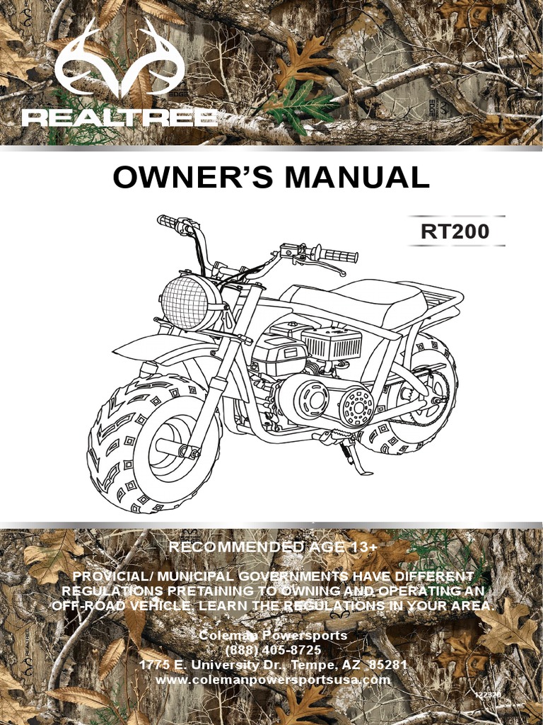 Bike Parts Realtree 100cc Mini Bike Manual Coleman RT200 Mini Bike Owner's  Manual PDF Motor Vehicle