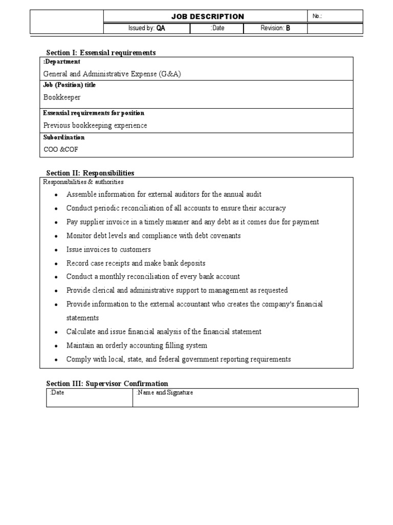 Job Description Bookkeeper PDF