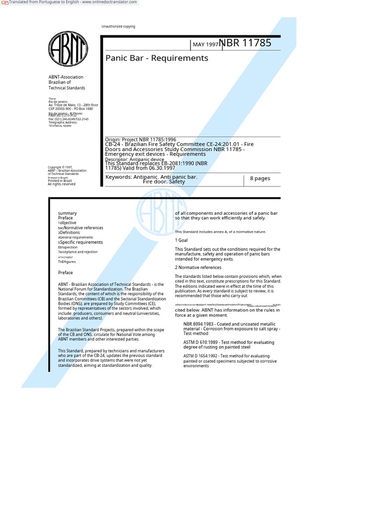 ABNT NBR 11785 Panic Bar Requirements 1997 PDF