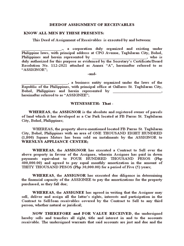 Deed of Assignment of Receivables | PDF | Assignment (Law) | Law Of ...