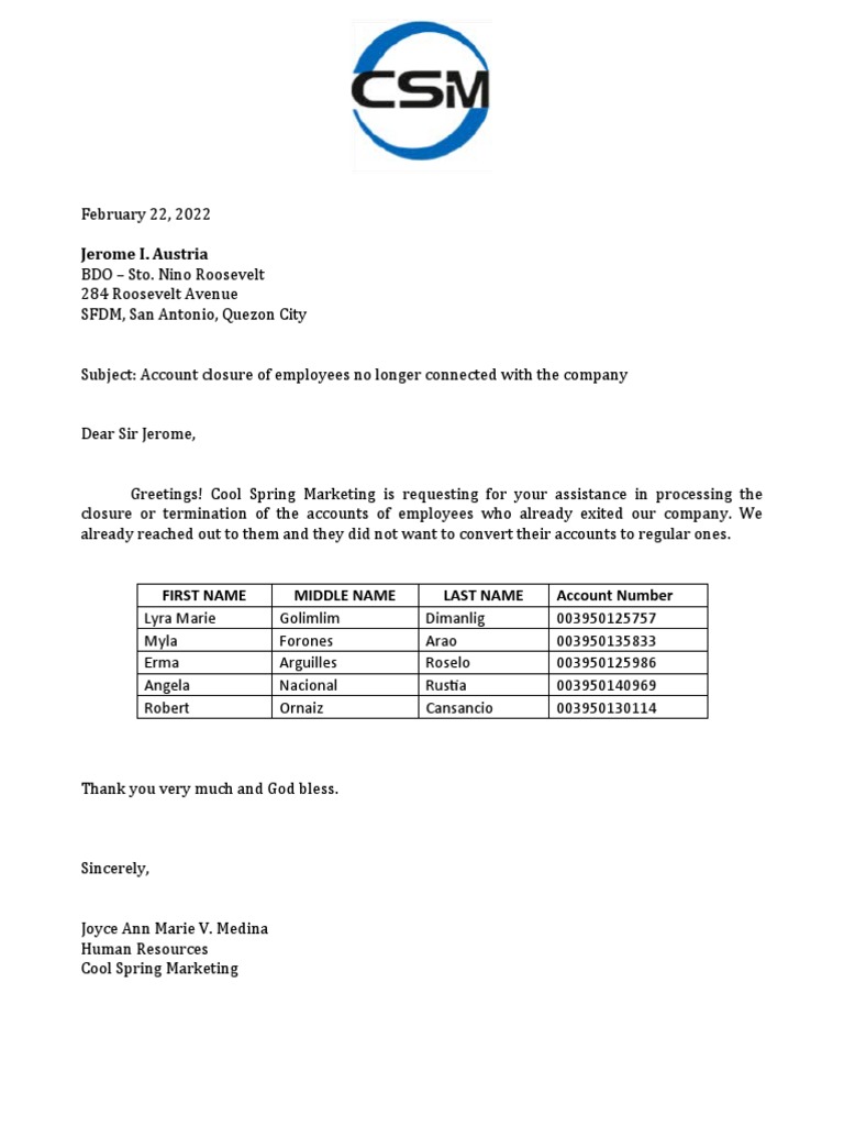 Letter For ATM Account Termination | PDF