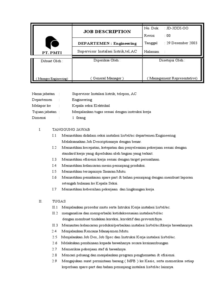 Jobdesk Supervisor Instalasi Listrik | PDF | Teknologi & Rekayasa
