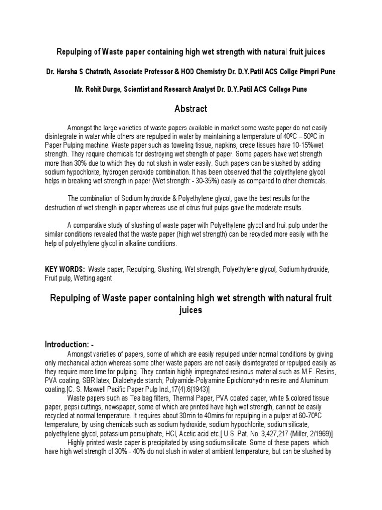 Repulping High Wet Strength Waste Paper | PDF | Sodium Hydroxide ...