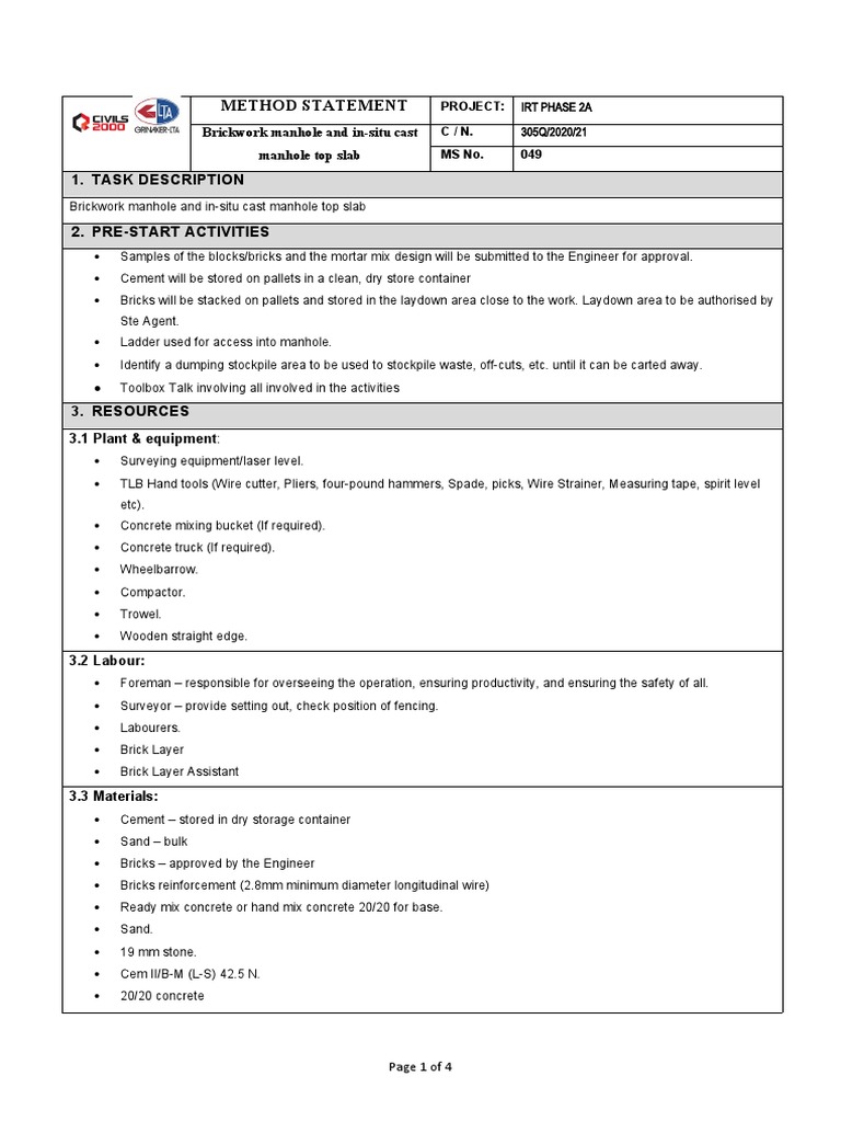 Brickwork Method Statement for Manholes | PDF | Concrete | Brick