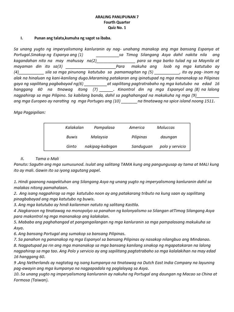 Araling Panlipunan 7 Quiz1 Pdf