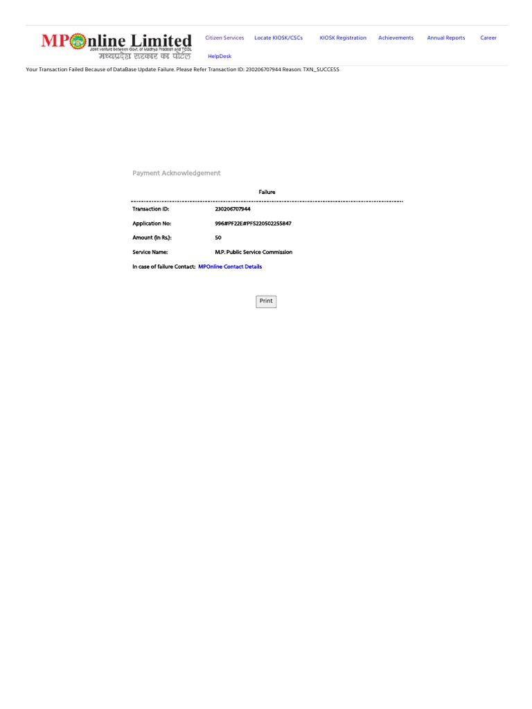 MPOnline Transaction Failure Notice | PDF