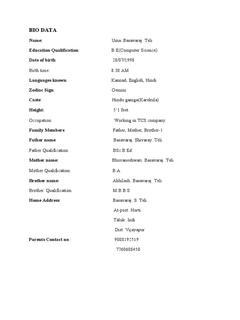 BIO DATA Uma New 22 | PDF