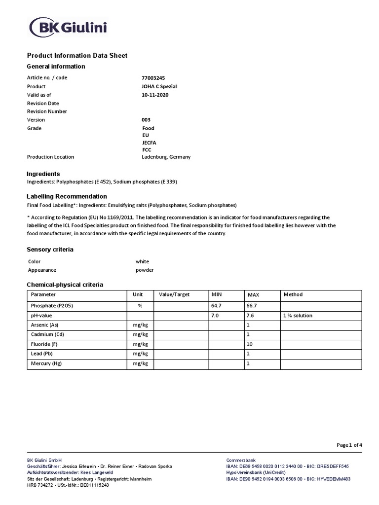 JOHA C Spezial Product Data Sheet | PDF | Nutrition | Diet & Nutrition