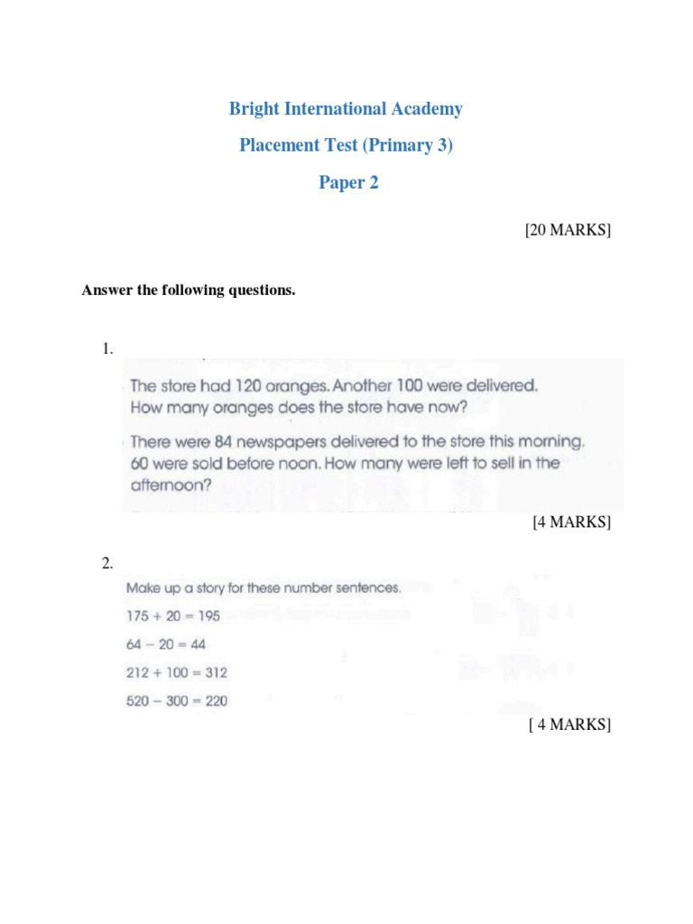 Primary 3 Paper 2 Math Placement Test PDF