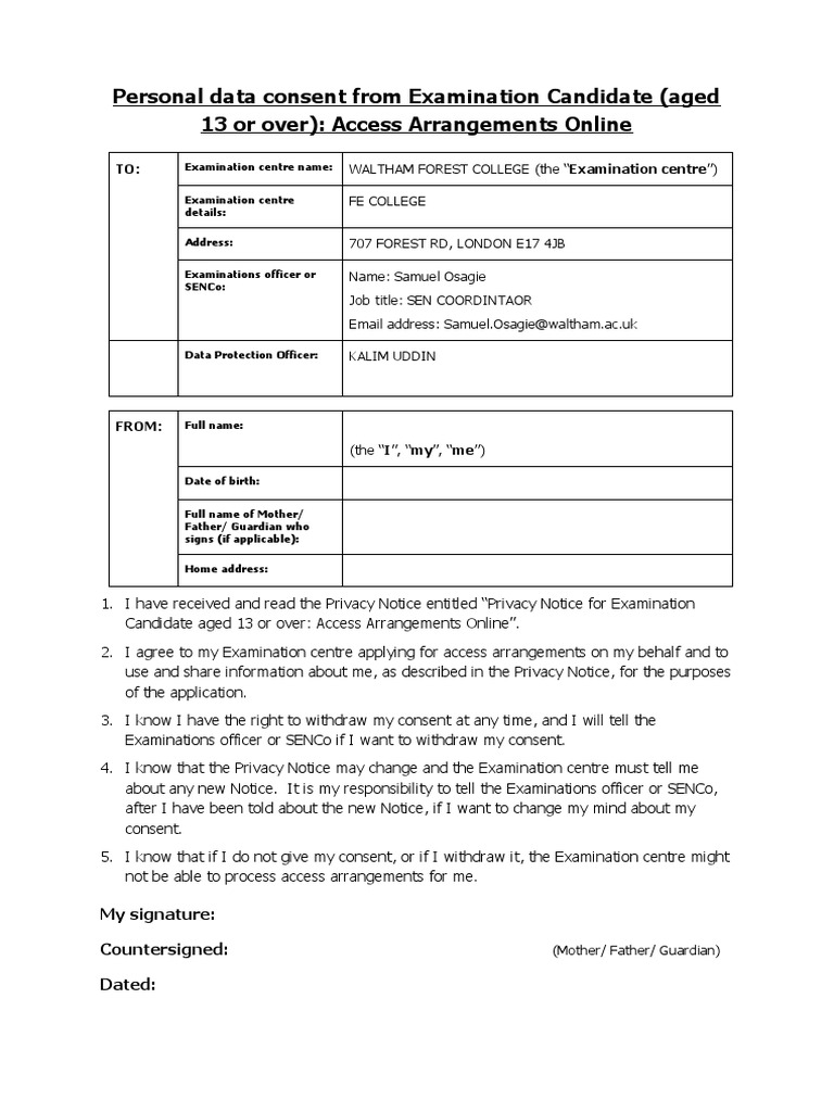AA Personal Data Consent Form (Blank) PDF Privacy