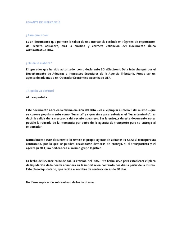 Levante Del Dua De Importación Pdf