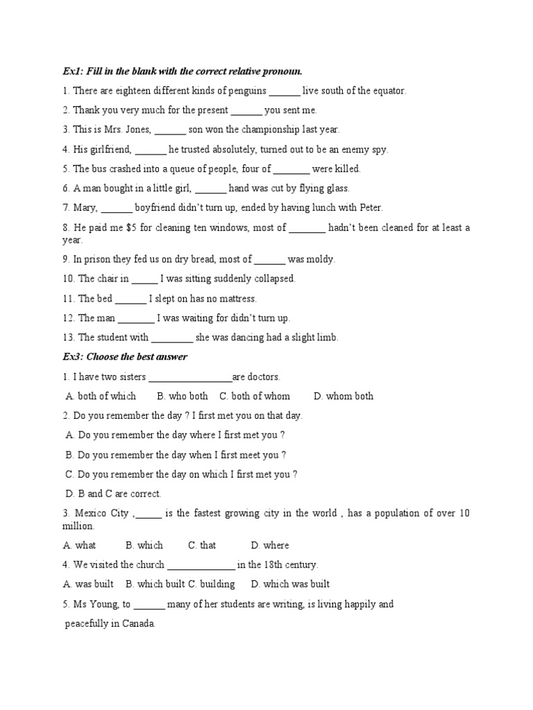 Relative Pronoun Exercises for ESL Learners | PDF | Language Arts ...