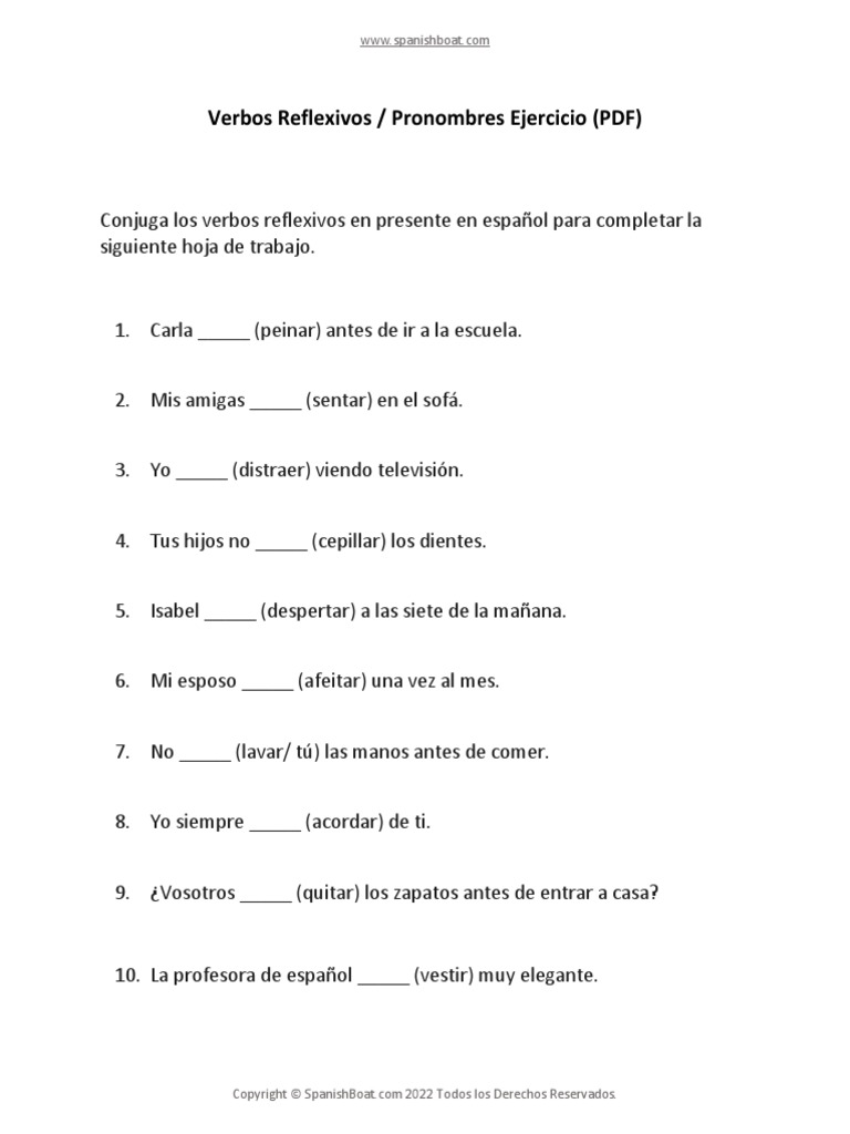 Verbos Reflexivos Pronombres Ejercicio | PDF | Artes del Lenguaje y ...