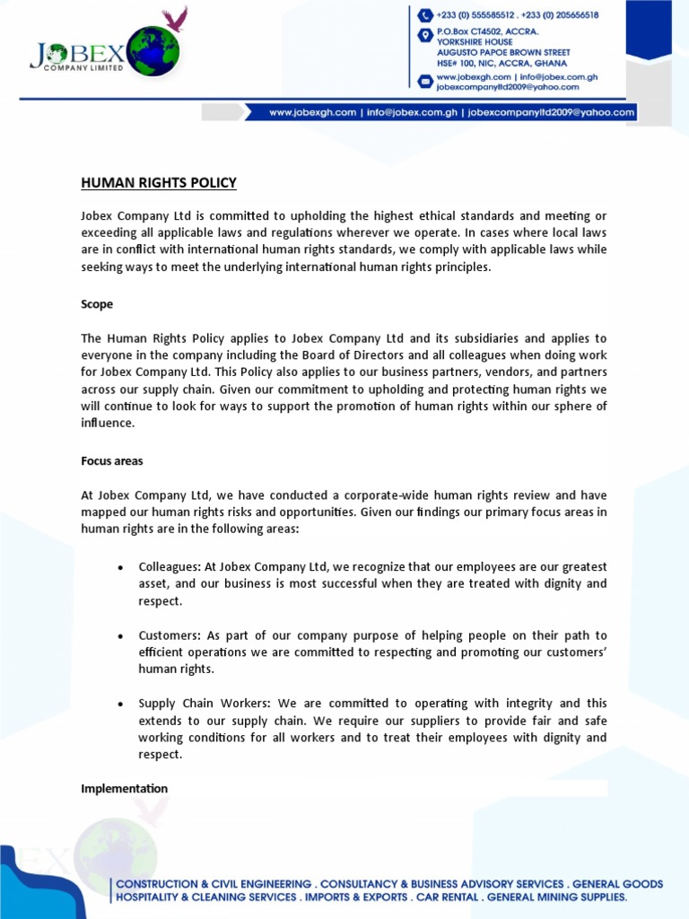 Jobex Human Rights Policy Overview | PDF | Supply Chain | Corporate ...