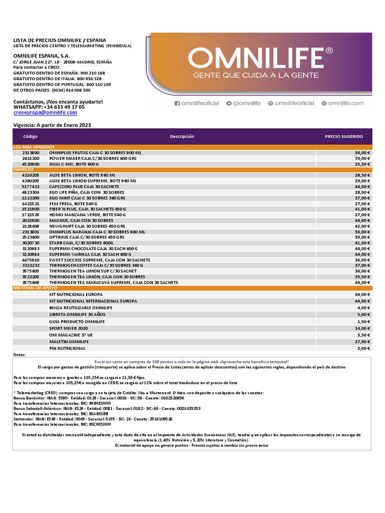 Lista de Precios Omnilife Espana Peninsula PDF