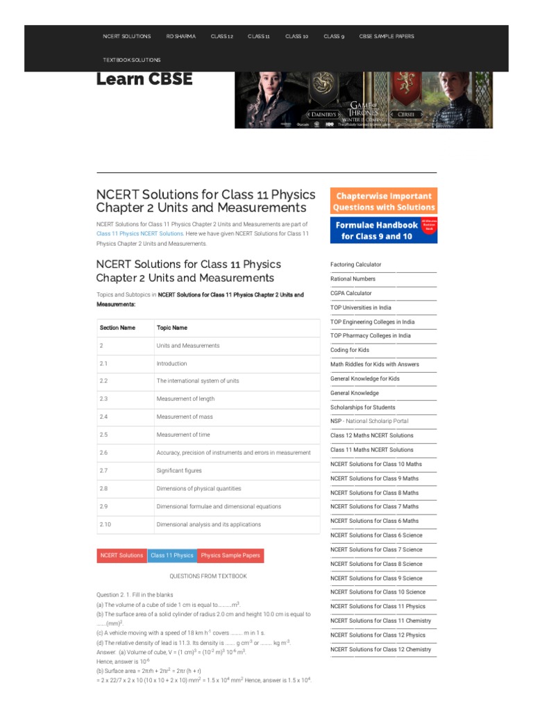 WWW Learncbse in Ncert Solutions Class 11th Physics Chapter 2 Units ...