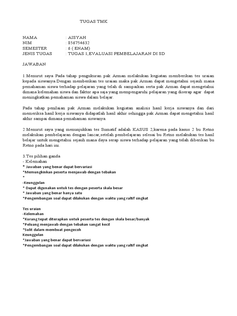 TMK, 4301, Evaluasi Pembelajaran Di SD | PDF | Karier & Perkembangan ...