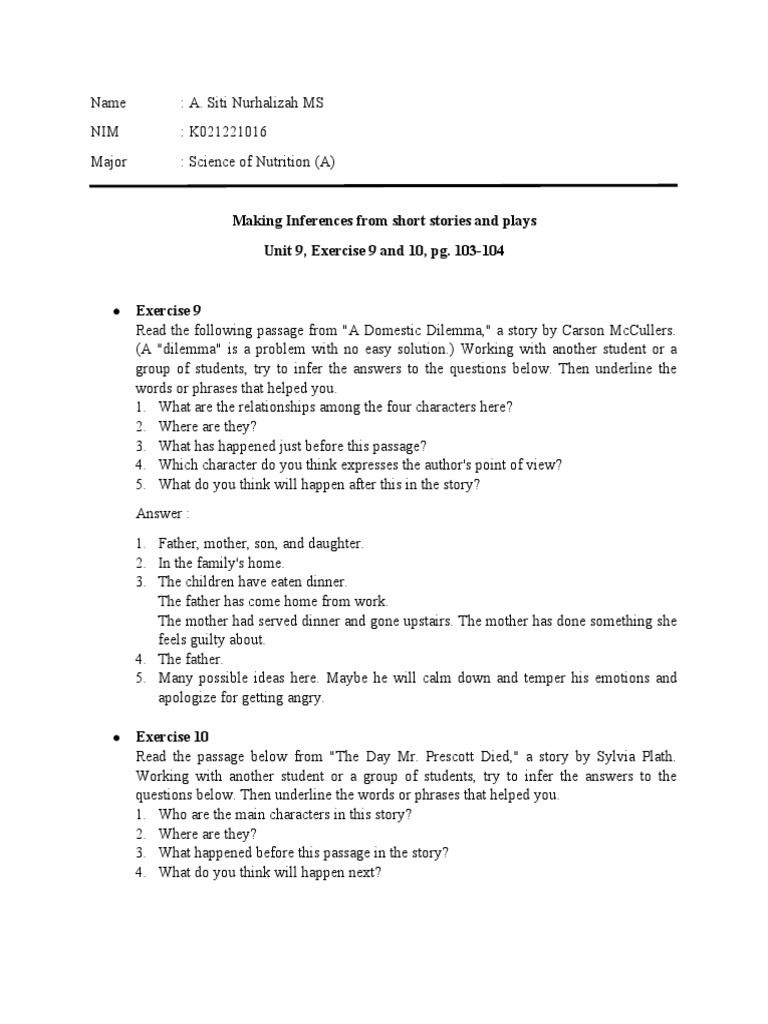 Inference Exercises for Short Stories | PDF