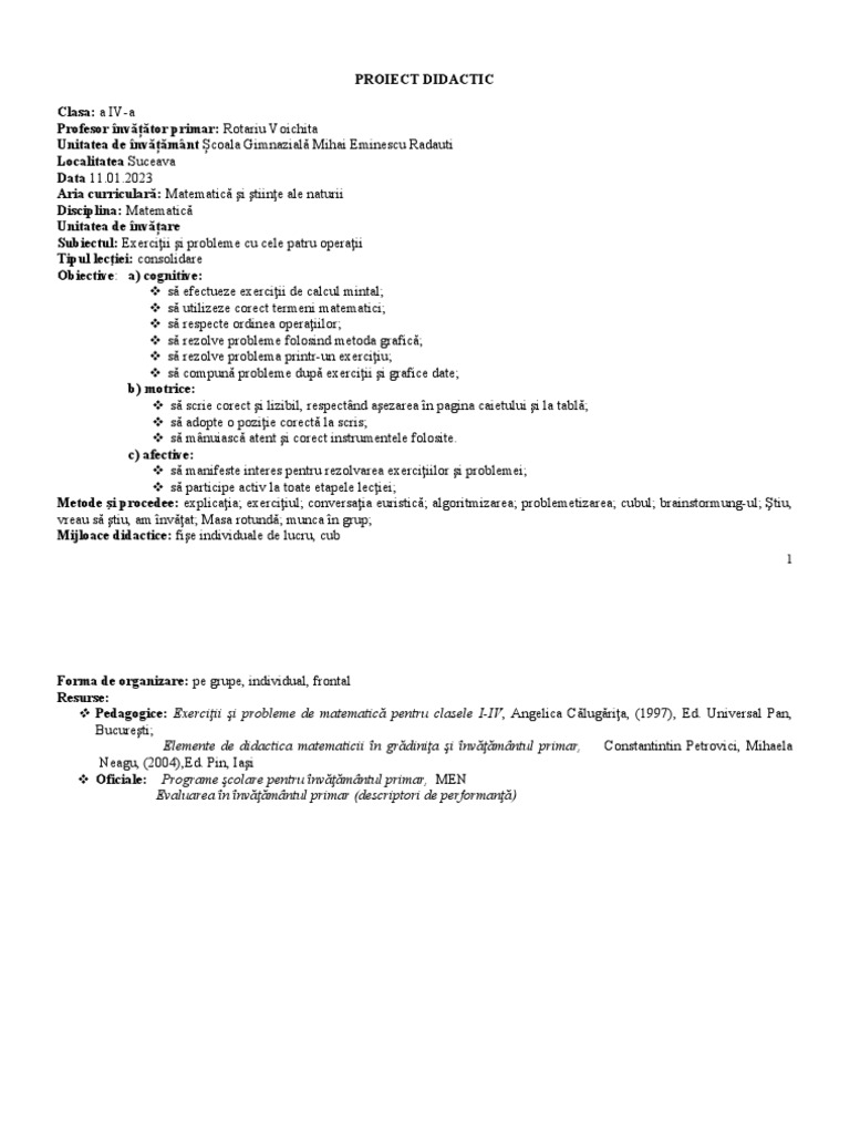 Proiect Didactic Matematica 4 | PDF