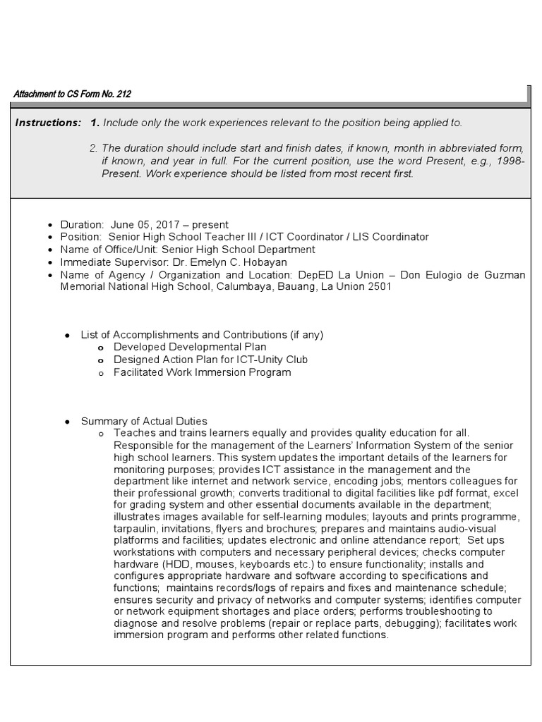 Work Experience Summary for Educator | PDF | Career & Growth