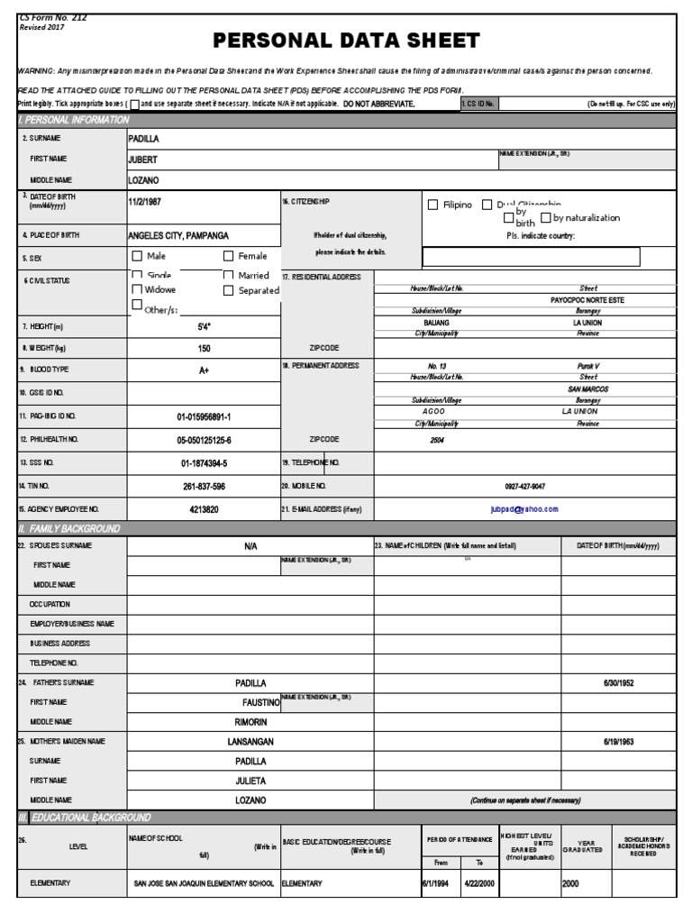 JLP - Personal Data Sheet CSC Form 212 | PDF