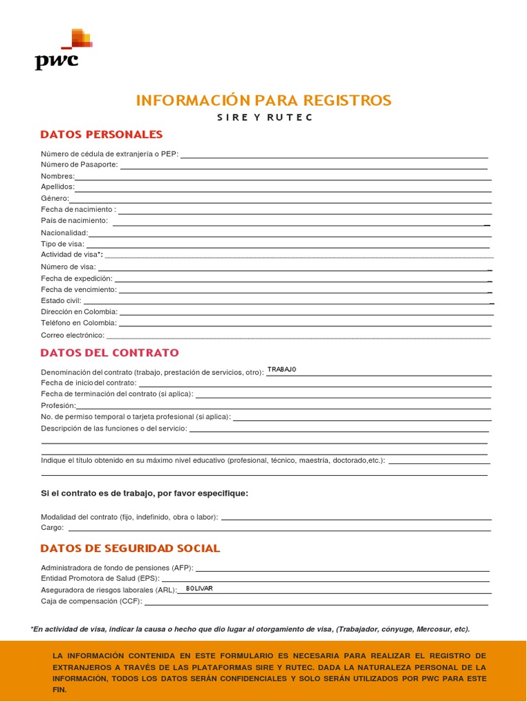 Formulario PWC - Registros Sire y Rutec | PDF | Visa de viaje