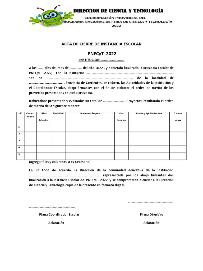 Acta de Cierre 2022 - Ejemplo | PDF