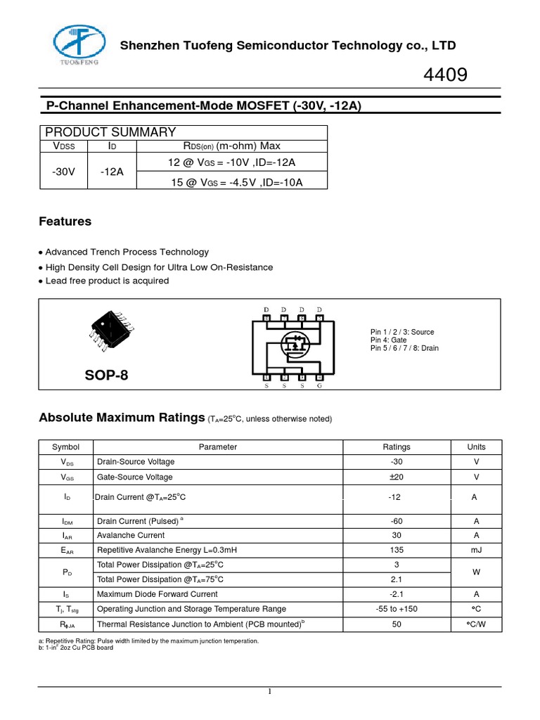 4409 P-Channel MOSFET Datasheet | PDF | Field Effect Transistor | Diode