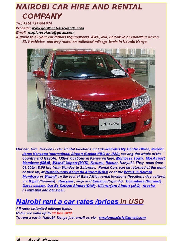 Nairobi Kenya Car Hire Rental 4x4, 4WD Self Drive Nairobi Kenya