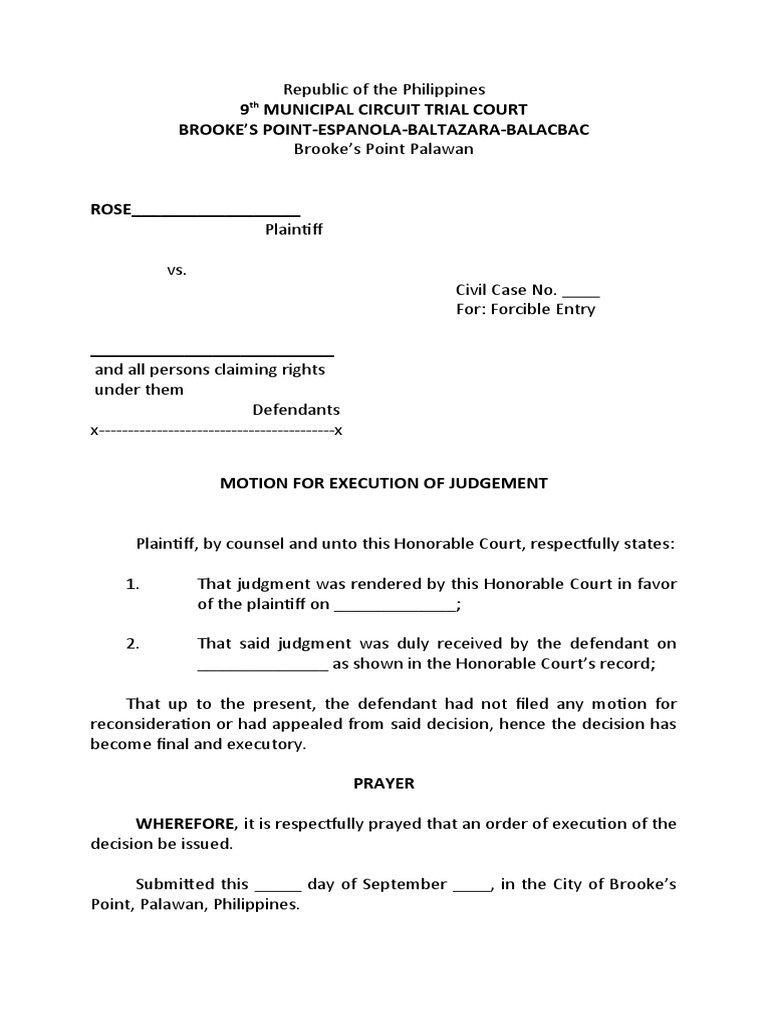 Motion For Execution of Judgment PDF