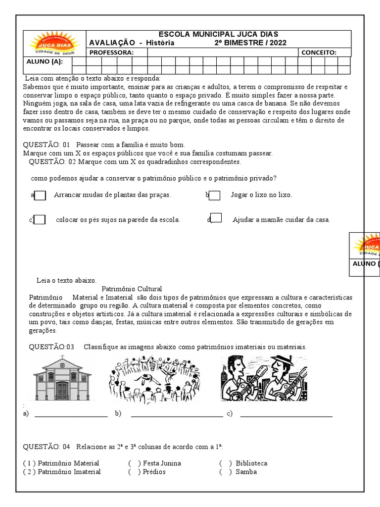 3º Ano Avaliação de História.k | PDF | Herança cultural | Família