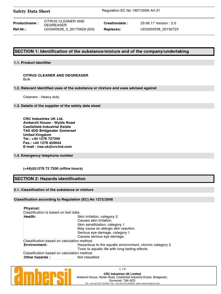Certus Cleaner and Degreaser Msds PDF Toxicity Dangerous Goods