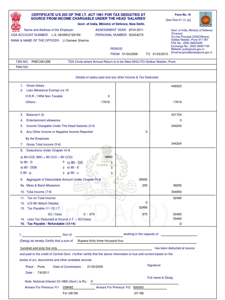 Income Tax Certificate Form 16 | PDF | Law