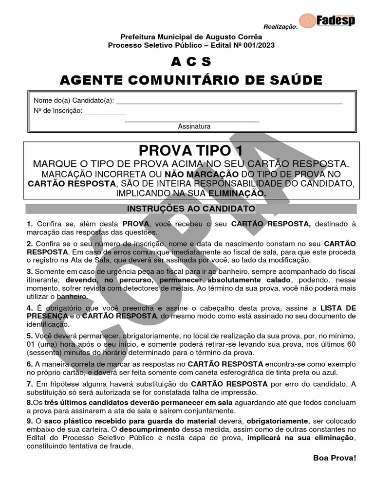 PROVA ACS AGENTE COMUNITÁRIO DE SAÚDE AUGUSTO CORRÊA 2023 TIPO 1 00JW2s ...