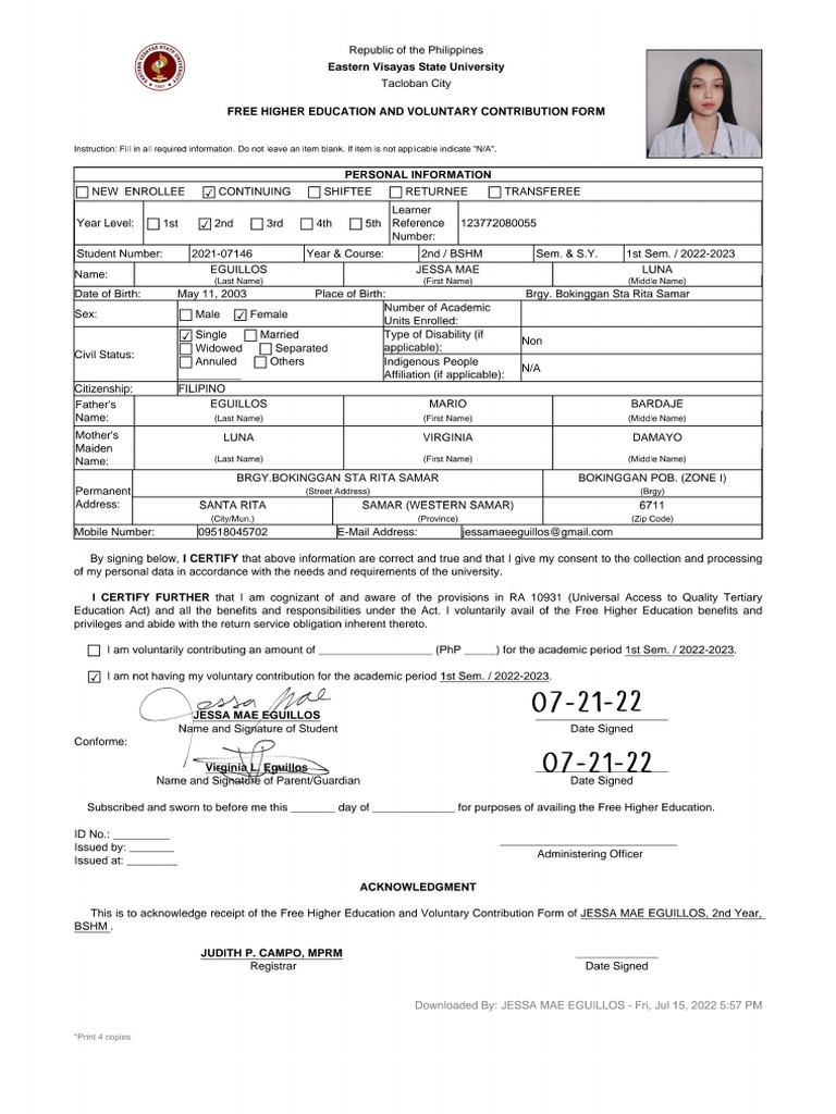 Free Education Form For 2021 07146 SEM 1 SY 2022 2023 1 | PDF