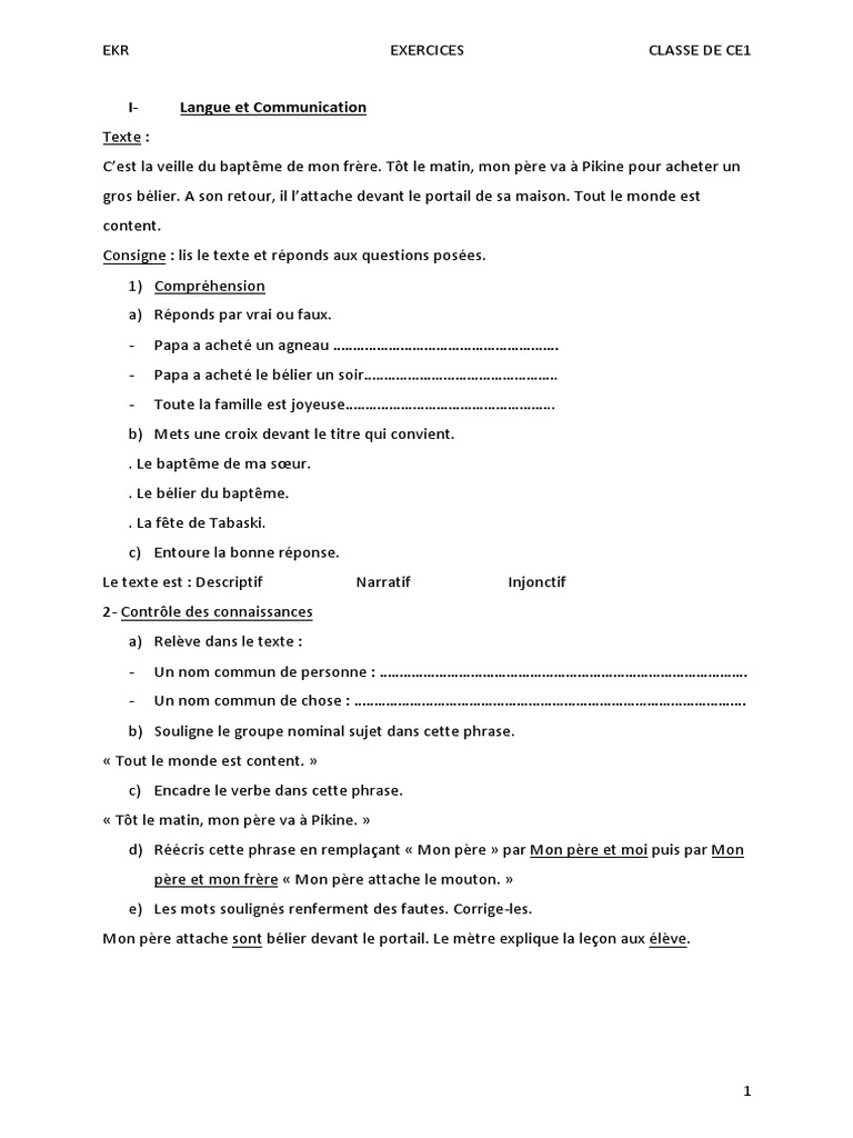Exercices CE1 : Langue et Maths | PDF | Méthodes et références pédagogiques