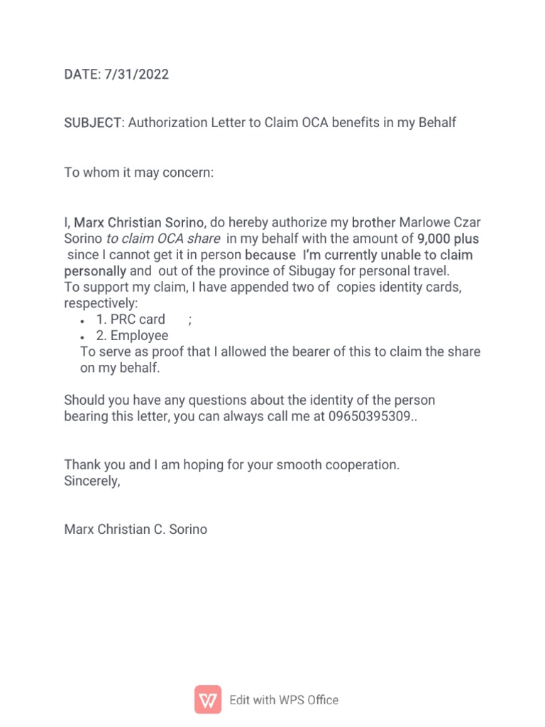 Authorization Letter for OCA Benefits | PDF