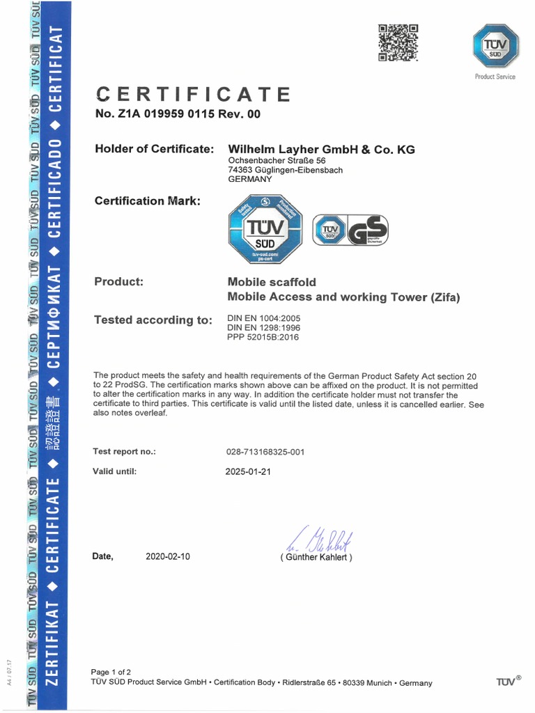 Certificado de Andamios UNILIGERO 1 EN - Zifa - Z1A 019959 0115 | PDF