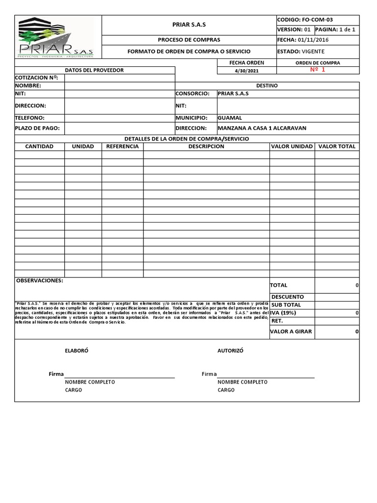 Fo-Com-03 Formato de Orden de Compra o Servicio | PDF