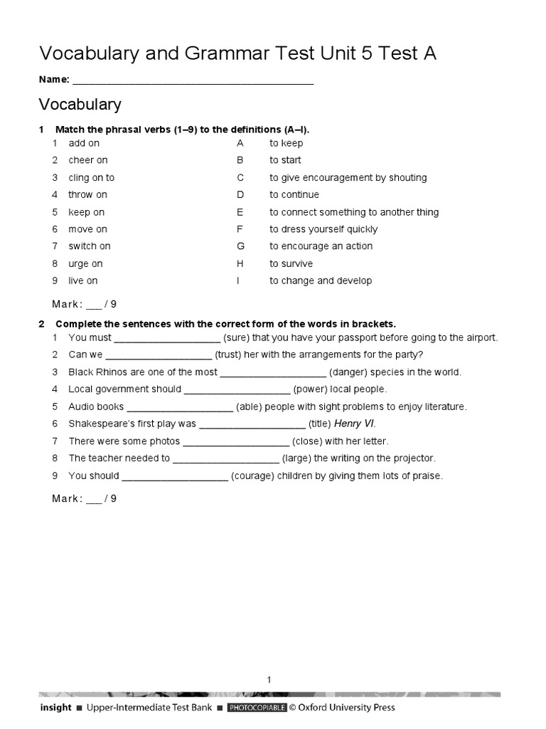 Vocabulary and Grammar Test Units 5 A & B | PDF | Novels | E Reader