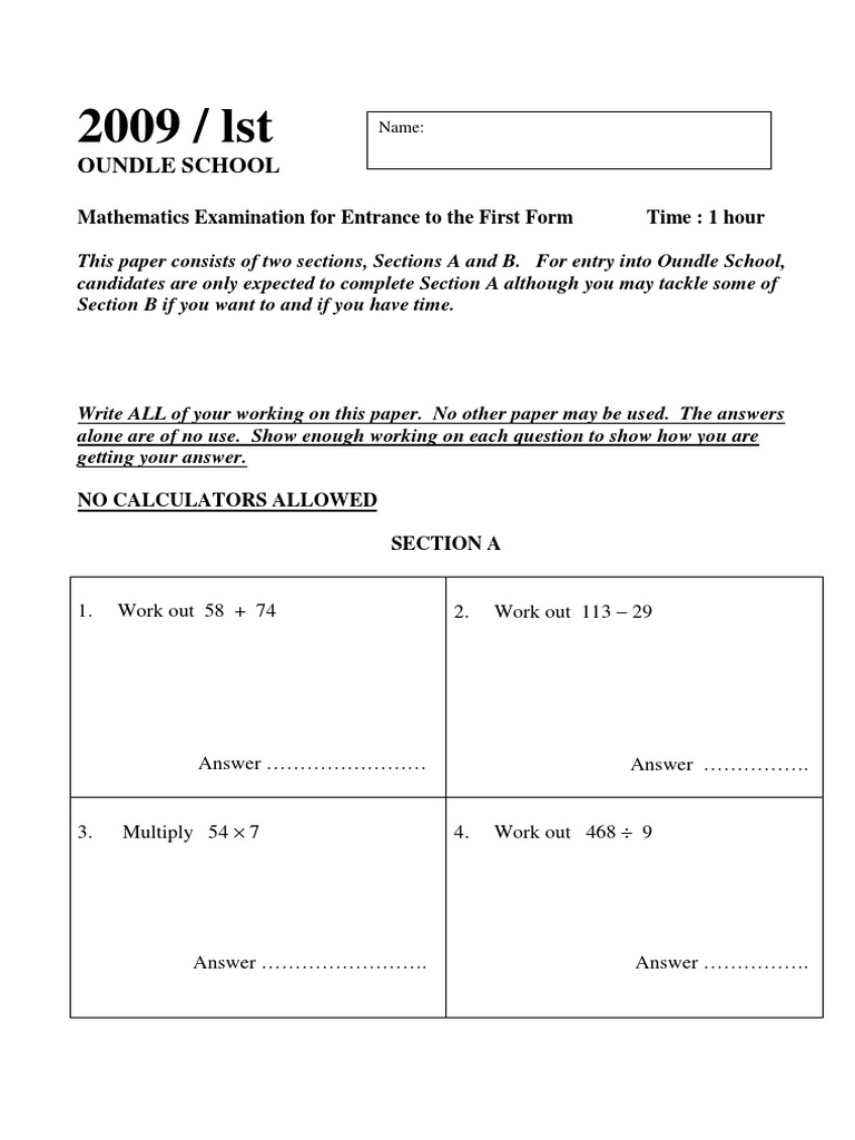Oundle School Math Entrance Exam 2009 | PDF | Mathematics