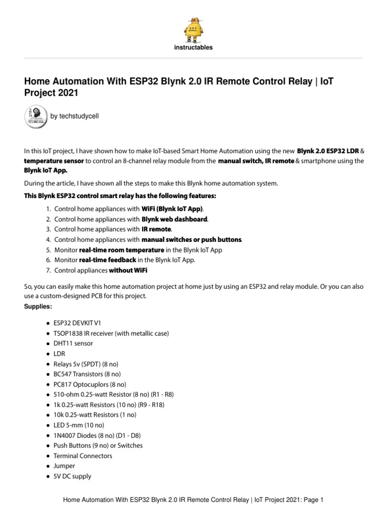 Home Automation With ESP32 Blynk 20 IR Remote Cont | PDF