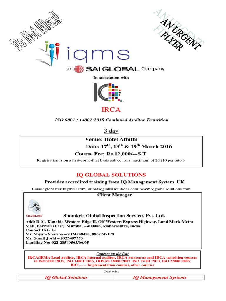 IQMS SAI 9-14 Transition Flyer - March 2016 | PDF | Iso 9000 | Audit