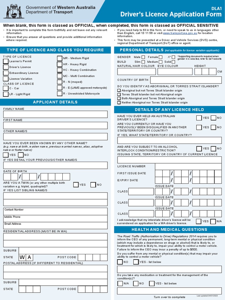 WA Driver's Licence Application Form | PDF | Driver's License