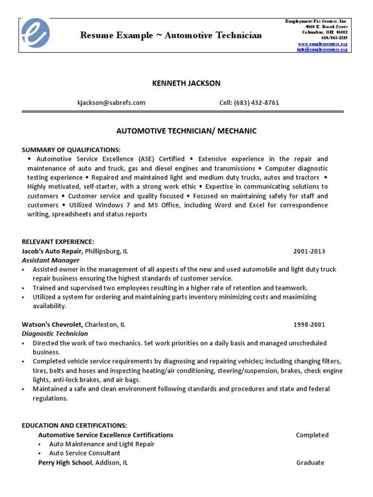 Resume Template Auto Mechanic | PDF | Car | Truck