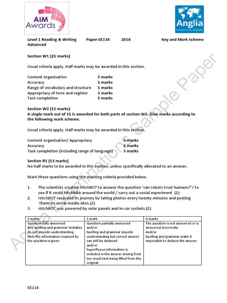 AdvE16AIM Awards in Partnership With Anglia Level 1 Reading and Writing ...