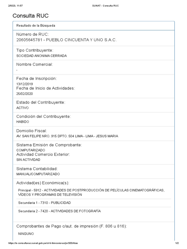 Ficha Ruc - Pueblo Cincuenta y Uno Sac | PDF
